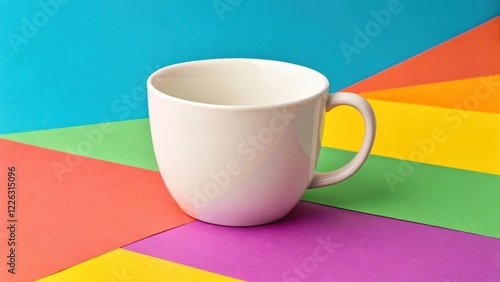A simple white mug rests on a vibrant, multicolored background, showcasing a clean design and bold color contrast.