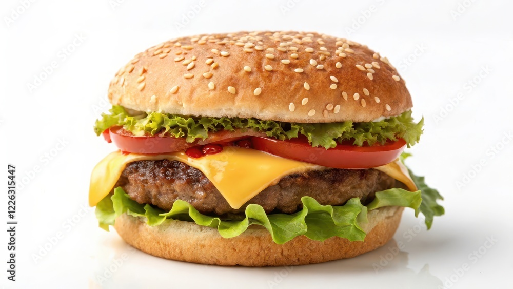 A Delicious Cheeseburger with Sesame Seed Bun, Lettuce, Tomato, and Melted Cheese A Delicious Cheeseburger with Sesame Seed Bun, Lettuce, Tomato, and Melted Cheese