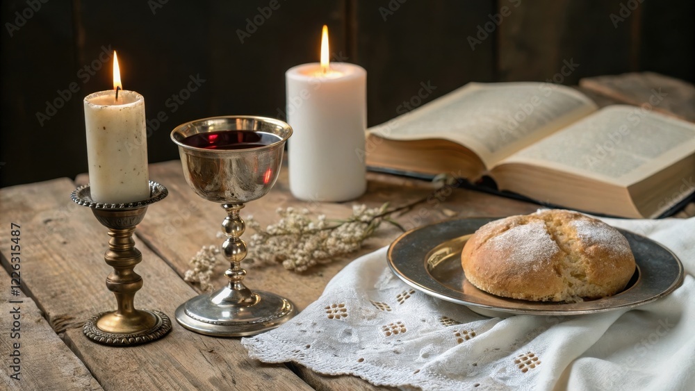 A still life of religious communion elements bread, wine, candles, and a holy book, arranged on a rustic wooden table A still life of religious communion elements bread, wine, candles, and a holy book, arranged on a rustic wooden table