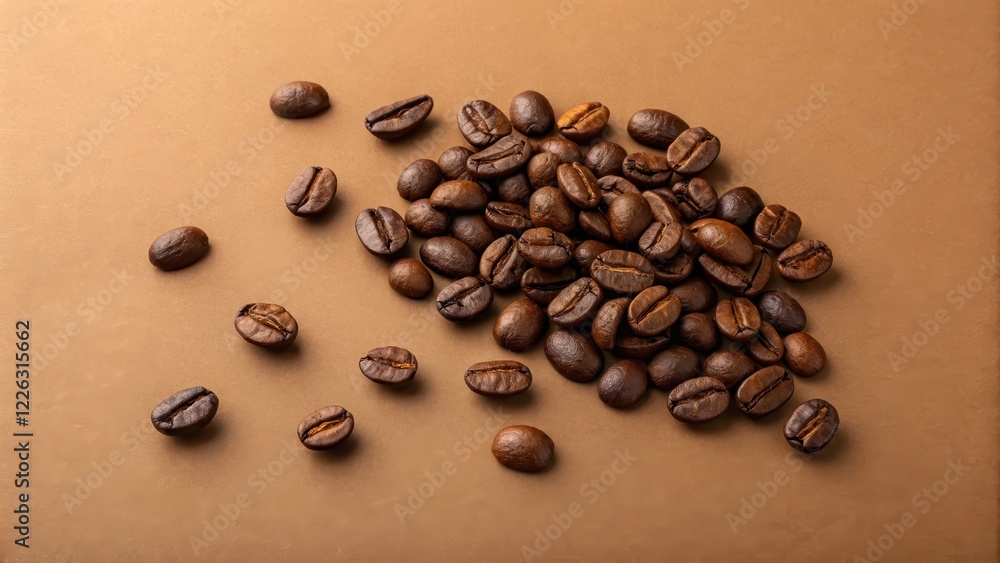 Roasted Coffee Beans Scattered on Brown Background, Aromatic and Rich Roasted Coffee Beans Scattered on Brown Background, Aromatic and Rich