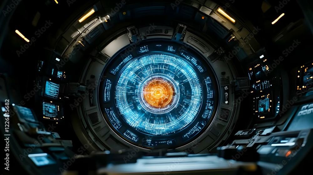 Futuristic spaceship control panel, glowing core, dark background. Sci-fi film use Futuristic spaceship control panel, glowing core, dark background. Sci-fi film use