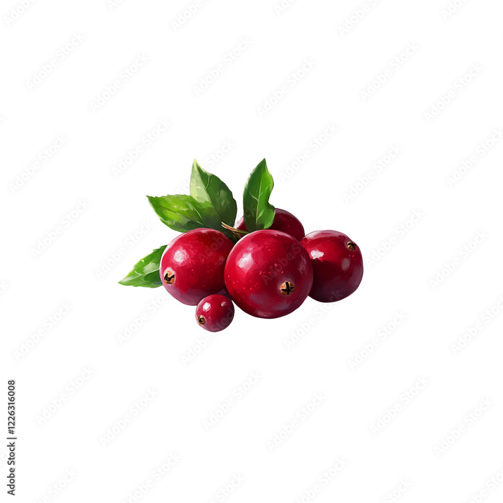 Close-up of cranberries with green leaves on white background Close-up of cranberries with green leaves on white background