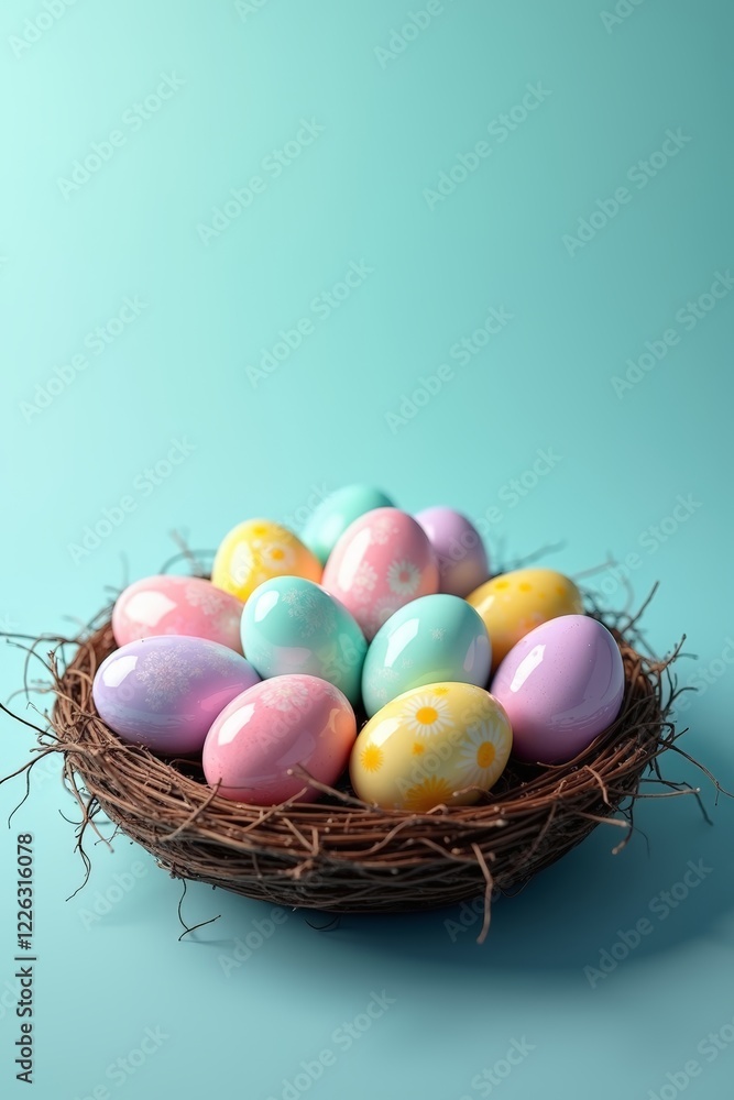 Pastel-colored Easter eggs in a nest on a solid blue background. Pastel-colored Easter eggs in a nest on a solid blue background.