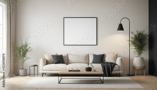 A blank white canvas framed in black, hanging on a beige wall in a modern living room. The canvas is completely empty, creating a minimalist, serene focal point for the space.
