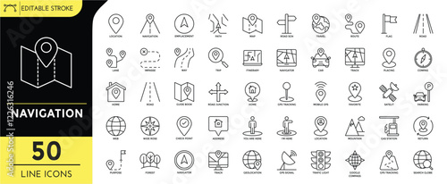 
Navigation line editable icon set. editable stroke. location, navigation, trip. path, maps, road sign, route, road,lane, cars, track, planing, you are here, trafic ligh, and more. Vector Illustration