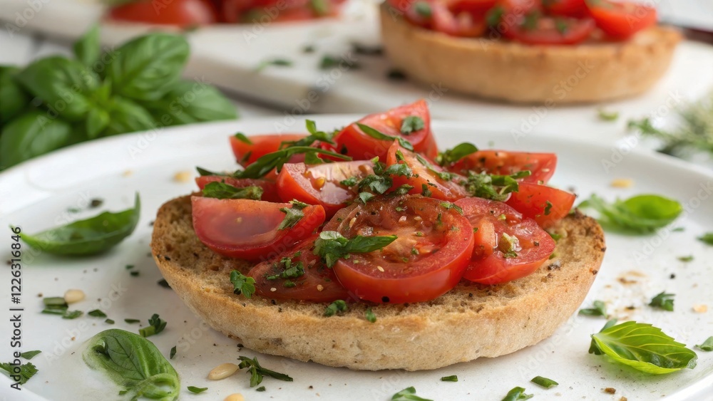 A close-up of a delicious bruschetta topped with ripe tomatoes and fresh basil A close-up of a delicious bruschetta topped with ripe tomatoes and fresh basil