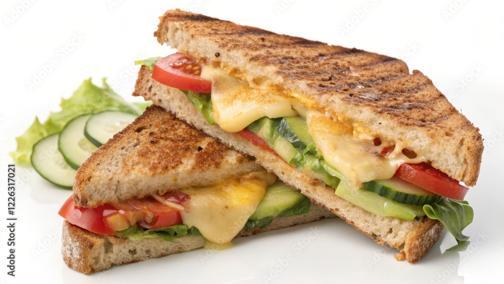 A delicious grilled cheese sandwich with melted cheese, tomato, and cucumber slices on toasted bread A delicious grilled cheese sandwich with melted cheese, tomato, and cucumber slices on toasted bread