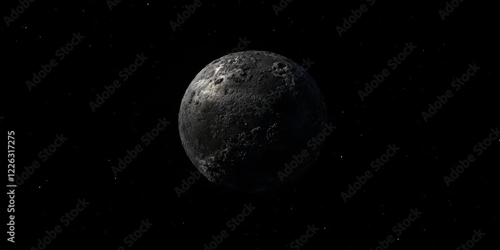 A dark, cratered celestial body floats in the inky blackness of space, speckled with distant stars. A dark, cratered celestial body floats in the inky blackness of space, speckled with distant stars.