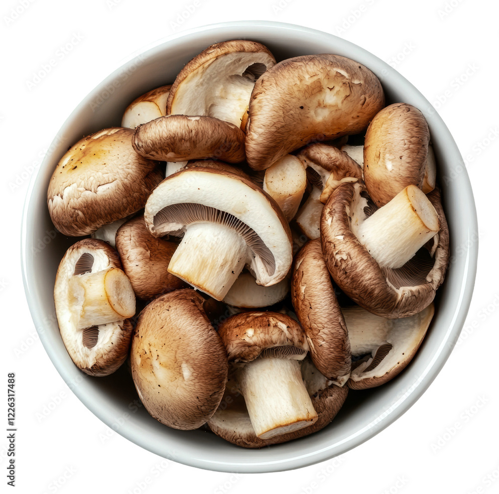 Fresh mushrooms in a white bowl on a table isolated on transparent background Fresh mushrooms in a white bowl on a table isolated on transparent background