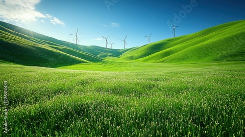 A green landscape dotted with wind turbines, representing the increasing reliance on renewable wind power for sustainable energy production and its market potential in the energy industry