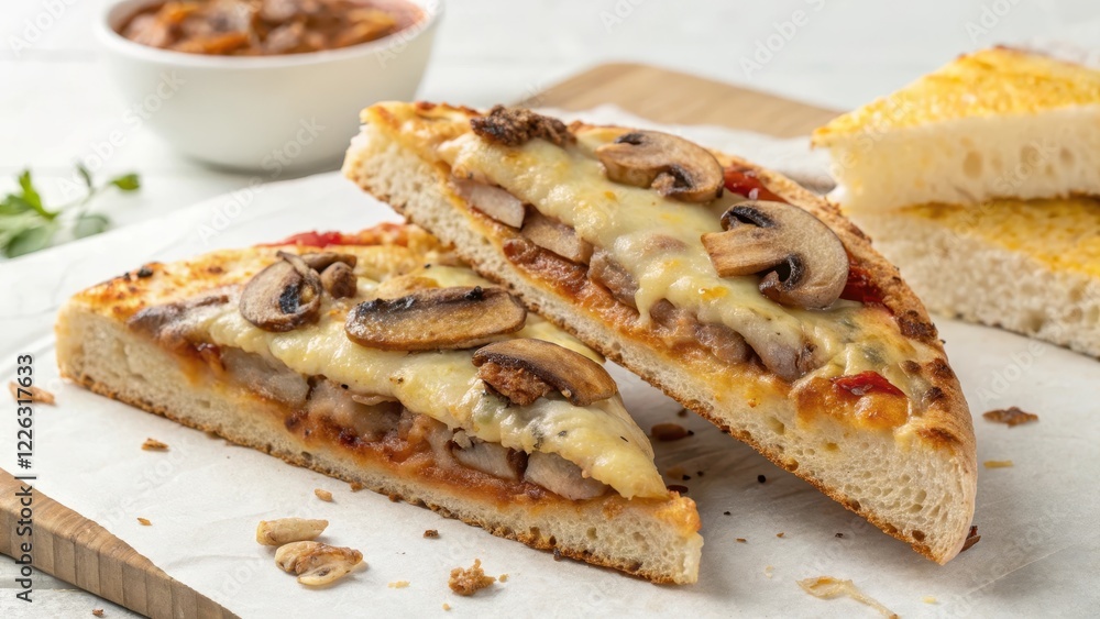 Delicious Mushroom and Cheese Pizza Slices on a Wooden Board Delicious Mushroom and Cheese Pizza Slices on a Wooden Board