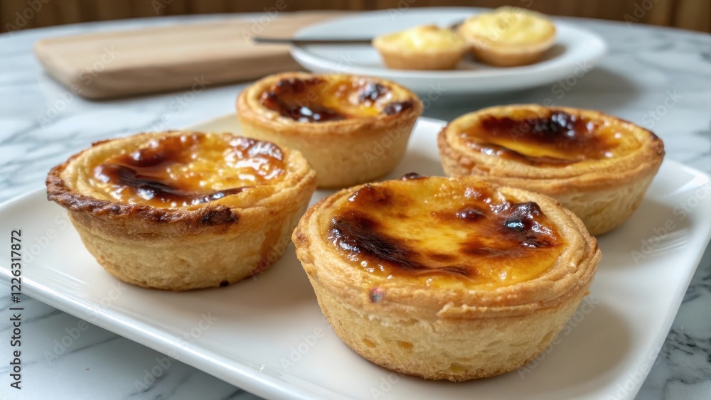 Golden-brown custard tarts, flaky pastry crust, sweet egg filling, delicious dessert, bakery treats, perfect for afternoon tea Golden-brown custard tarts, flaky pastry crust, sweet egg filling, delicious dessert, bakery treats, perfect for afternoon tea