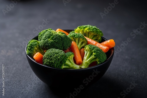 A colorful display of fresh, vibrant broccoli and carrots served in a dark bowl photo