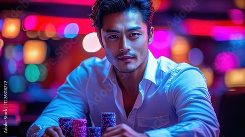 Poker Night: A Man's Intense Focus in a Vibrant Casino