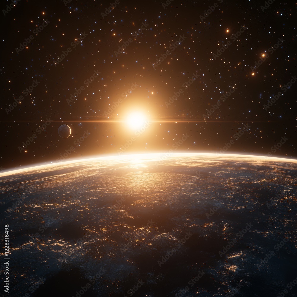 Sunrise over Earth from space, showing planet, sun, stars, and a moon. Sunrise over Earth from space, showing planet, sun, stars, and a moon.