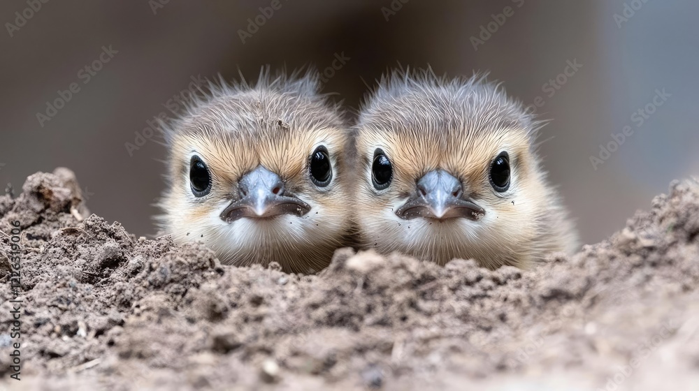 Fototapeta premium Two baby birds peering from nest in soil. Wildlife nature photography for websites or blogs