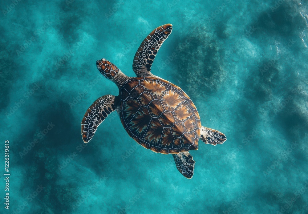 Fototapeta premium Aerial View of a Majestic Sea Turtle Swimming Gracefully in Crystal Clear Tropical Waters Surrounded by Colorful Coral Reef and Soft Ocean Waves