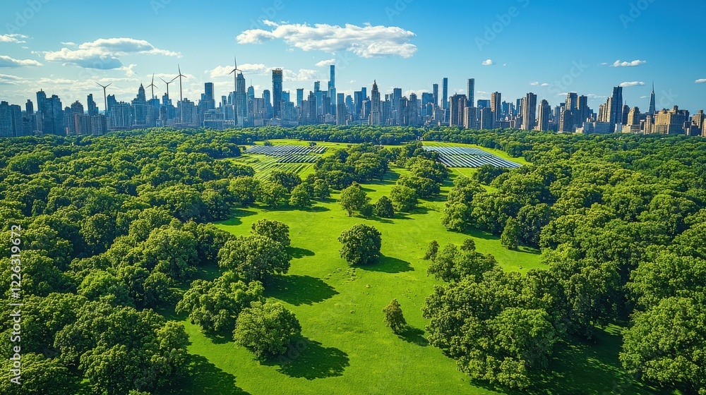 Fototapeta premium Aerial view of a sprawling energy infrastructure, including oil pipelines, wind farms, and solar arrays, showcasing the vast network that supports global energy stocks and power distribution
