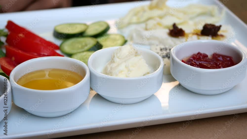 turkish breakfast of cheese, cucumber, egg, olive and tomato turkish breakfast of cheese, cucumber, egg, olive and tomato