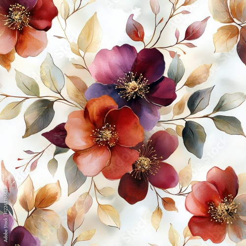 Burgundy Floral Pattern with Gold Accents Watercolor Design for Wallpaper and Fabric