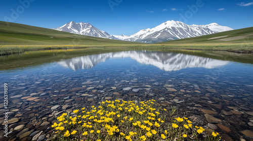 Serene Mountain Lake Reflection with Wildflowers, Nature Photography and Travel Content, Showcasing, ranquility and Scenic Beauty photo