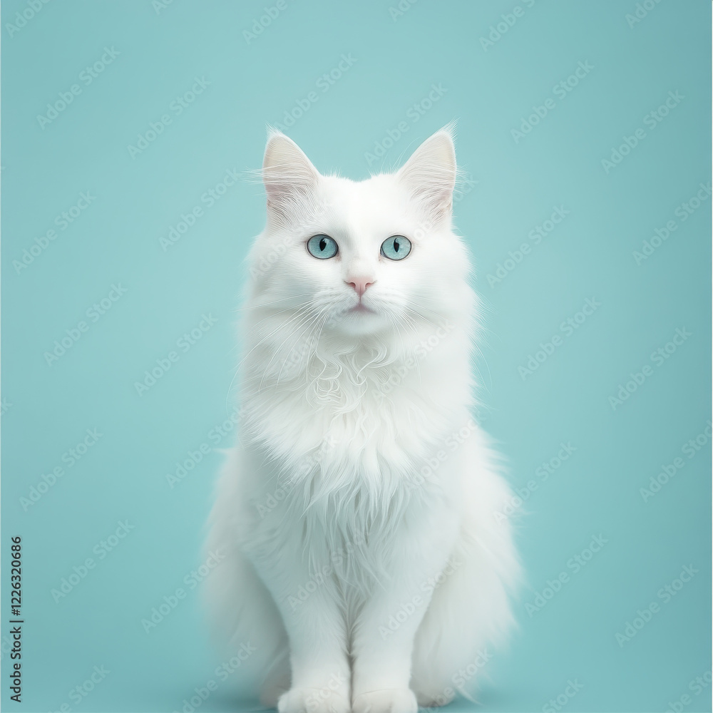 Fototapeta premium A white fluffy cat sitting in a calm, poised manner, front-facing view