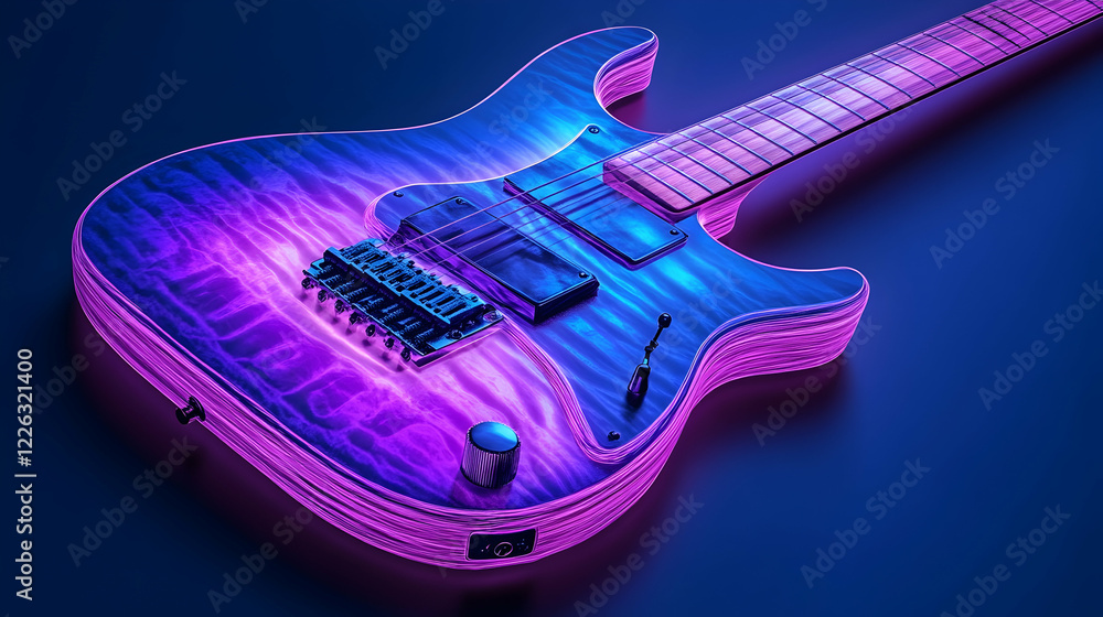 Obraz premium Electric guitar glowing in vibrant purple and blue neon light, close-up studio shot. Perfect for music, concert, or technology themes.