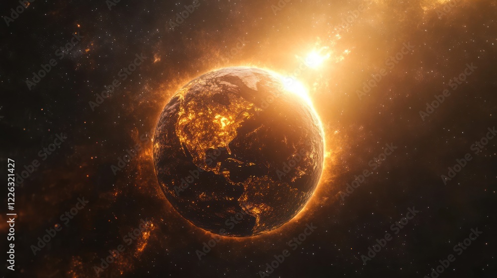 Fototapeta premium Fiery sunrise over burning Earth in space.