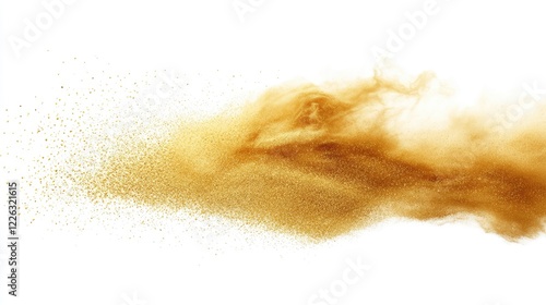 Golden sand explosion isolated on white background. Abstract sand cloud. Gold sand splash against on clear background. Sandy fly wave in the air. photo