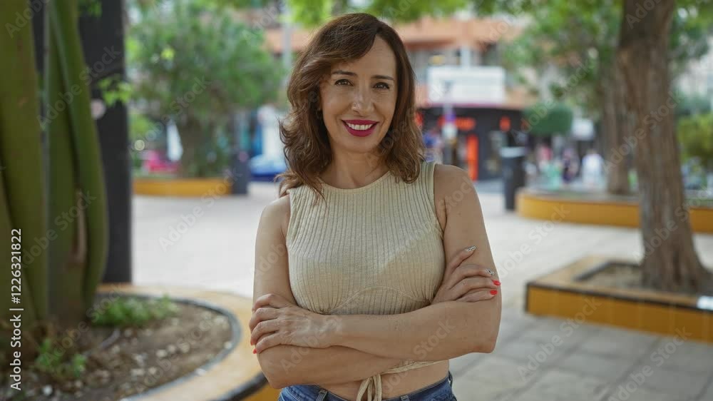 Woman smiling confidently with arms crossed outdoors in a vibrant urban park setting showcasing the lush greenery and lively city atmosphere Woman smiling confidently with arms crossed outdoors in a vibrant urban park setting showcasing the lush greenery and lively city atmosphere