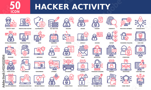 Hacker activity icon set collection. Simple line color vector.