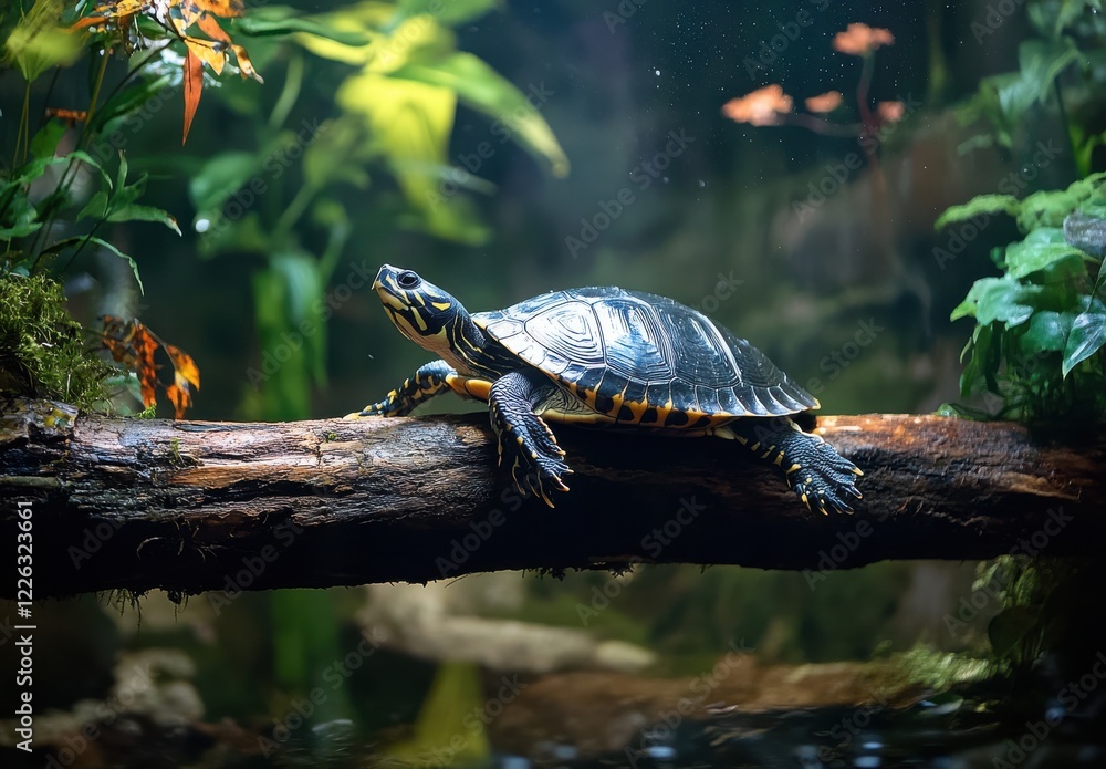 Fototapeta premium Captivating Turtle on a Log Surrounded by Lush Greenery in a Tranquil Aquatic Environment with Natural Light Streaming Through Water