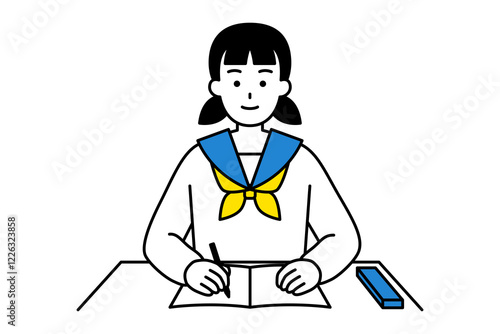 机で勉強している女子学生