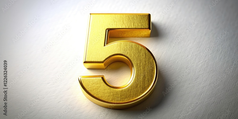 Macro Gold Number 5, Closeup Metallic Digit, White Background, Luxury Photography, 3D Render, High Resolution Macro Gold Number 5, Closeup Metallic Digit, White Background, Luxury Photography, 3D Render, High Resolution