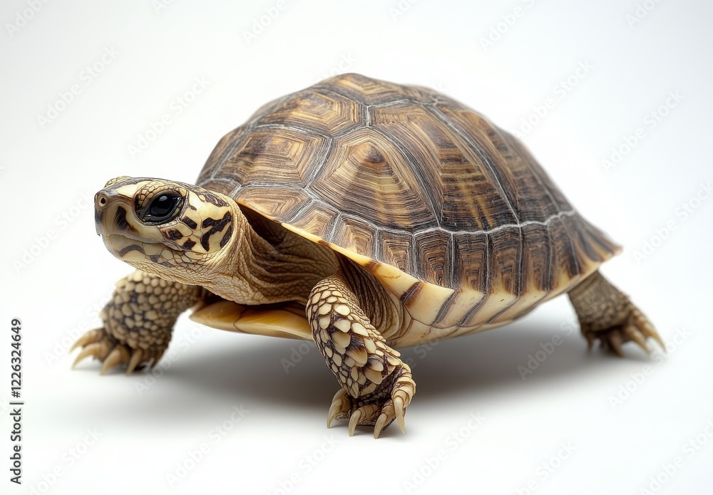 Close-Up of a Beautiful Tortoise with Intricate Shell Patterns on a White Background, Perfect for Nature and Wildlife Photography Collection Close-Up of a Beautiful Tortoise with Intricate Shell Patterns on a White Background, Perfect for Nature and Wildlife Photography Collection