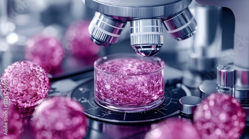 High-tech microscope view of bioengineered plant cells, showcasing biotechnology breakthroughs in genetic modification and the future of agriculture and environmental solutions