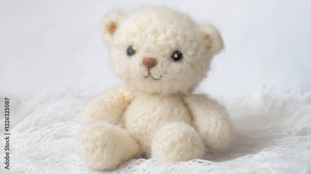 A fluffy, handcrafted, white teddy bear sits on a soft white knitted surface against a neutral background A fluffy, handcrafted, white teddy bear sits on a soft white knitted surface against a neutral background
