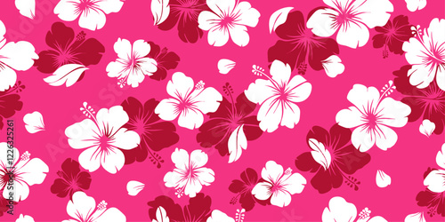 pink aloha hibiscus tropical flower hawaiian seamless pattern vector, floral summer for textile, fabric, and print design.