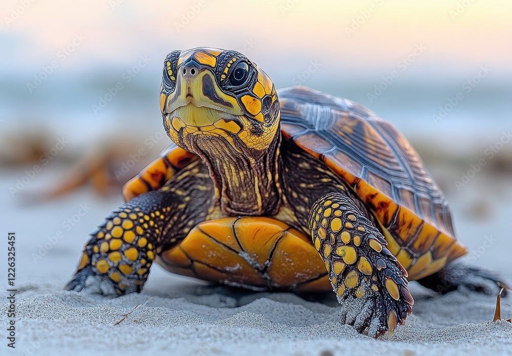 Obraz premium Close-Up of a Colorful Turtle Crawling on the Sandy Shore Under a Softly Blurred Sunrise Sky at the Beach