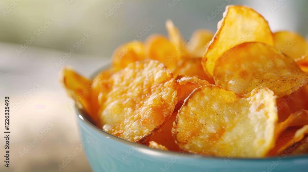 A bowl filled with crispy potato chips showcases their golden texture, inviting enjoyment during social occasions or relaxing times A bowl filled with crispy potato chips showcases their golden texture, inviting enjoyment during social occasions or relaxing times
