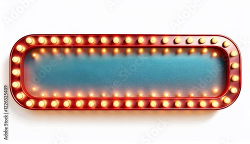 A 3D cinema frame retro style red and blue sign with a white background. The sign is lit up with many lights
