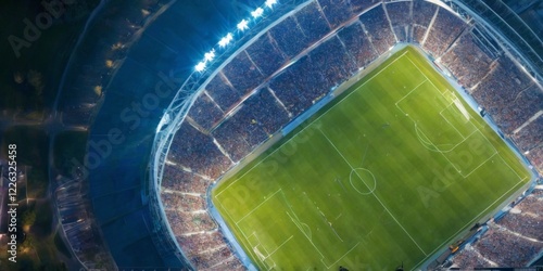 Aerial view of illuminated soccer stadium surrounded by dome structure, lush green field, and filled stands at night.