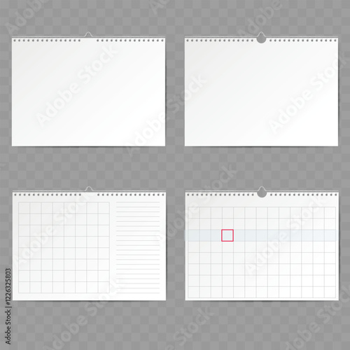 Blank Wall Calendar Mockup with Spiral Binding on Transparent Background Vector