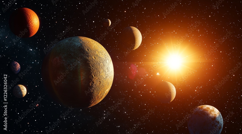 Obraz premium Vibrant star system with planets orbiting a bright sun in space.