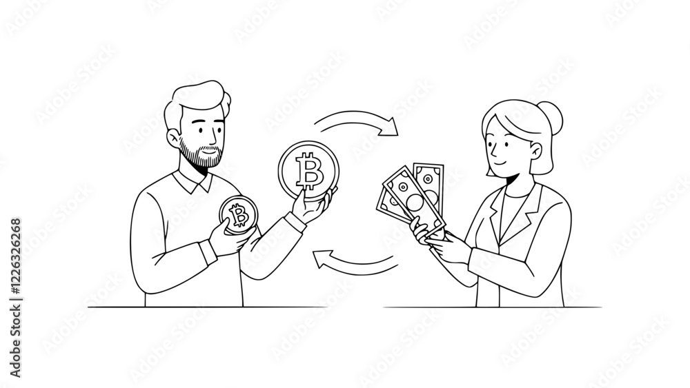 Simple Line Art of Bitcoin and Dollar Currency Exchange / Monochrome Sketch of People Trading Bitcoin for USD Simple Line Art of Bitcoin and Dollar Currency Exchange / Monochrome Sketch of People Trading Bitcoin for USD