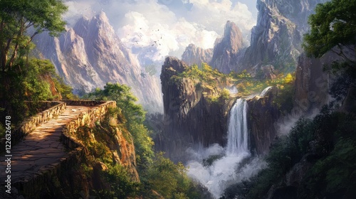 Majestic Mountain Waterfall Scenic Path Landscape