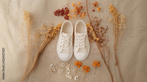 A pair of white canvas sneakers displayed on a neutral fabric background surrounded by arranged dried flowers in earthy tones.