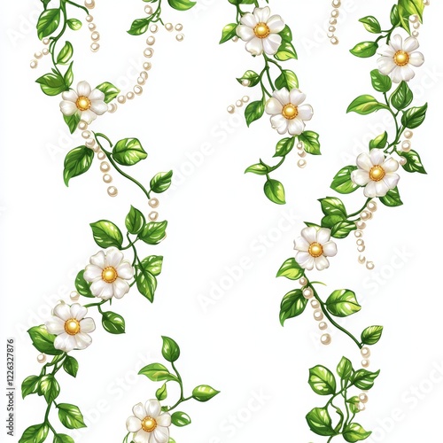 Wallpaper Mural Delicate Floral Pattern with White Flowers and Green Leaves Interwoven with Pearls on a Soft Background Torontodigital.ca
