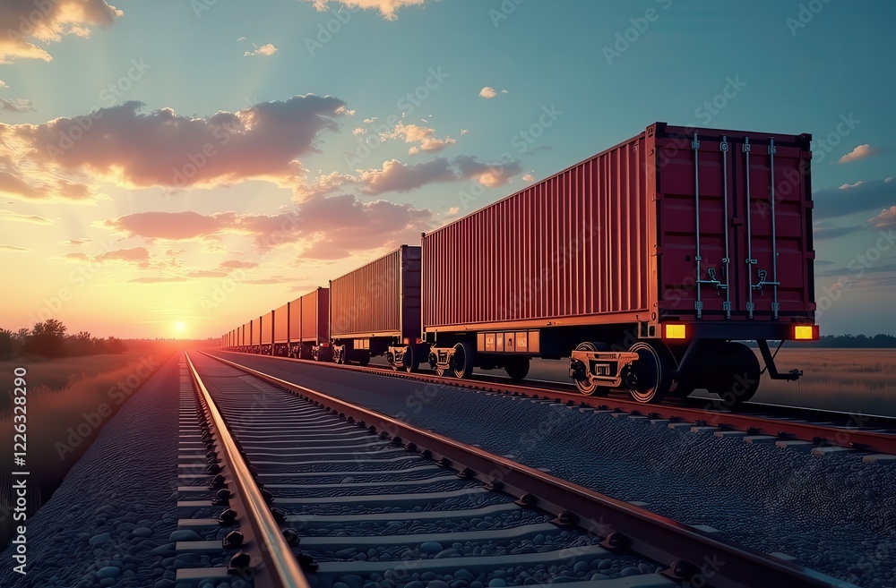 A long freight train carrying shipping containers moves along railway tracks at sunset, symbolizing the logistics and global trade concept. The warm lighting enhances the theme of transportation and s A long freight train carrying shipping containers moves along railway tracks at sunset, symbolizing the logistics and global trade concept. The warm lighting enhances the theme of transportation and s