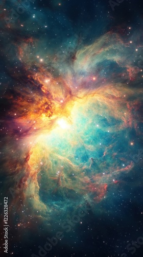 A bright cosmic nebula showcases vibrant colors and intense light at its center, surrounded by swirling gas and stars
